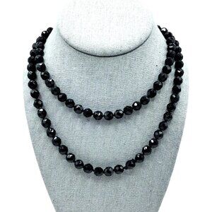 Vintage Black Glass Beaded Necklace Faceted Beads Single Continuous Strand Costu